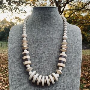 Vintage Chunky Wood Bead Necklace Cool Tones Natural Statement Piece